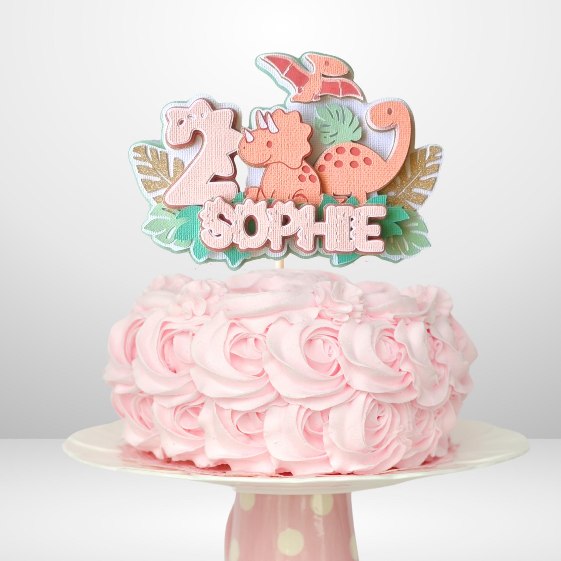 Pink Dinosaur Birthday Personalised Cake Topper