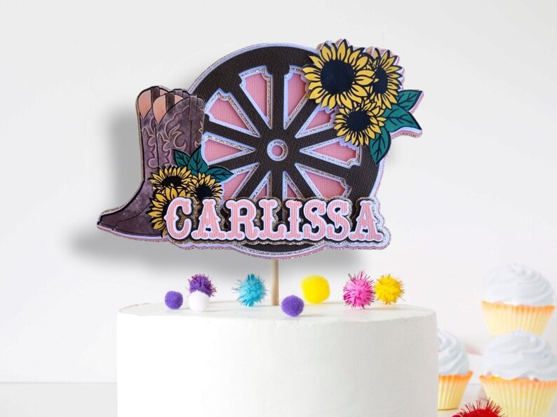 Country cowgirl cake topper. Cowgirl boots and sunflowers. Country theme party decor. 